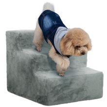 PawHut Three Step Dog Stairs, with Washable Plush Cover, for High Bed Sofa, Dog Stairs for Small Dog and Cat Light Grey