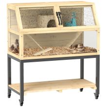 PawHut Wooden Hamster Cage with Storage Shelf, Wheels, Ramps, Water Bottle, Hut, Seesaws, 87 x 43 x 101cm