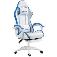 Vinsetto Computer Gaming Chair, PU Leather Desk Chair with Footrest, Swivel Task Chair with 135? Reclining Back and Lumbar Support, PC Chair for Adults, White and Blue