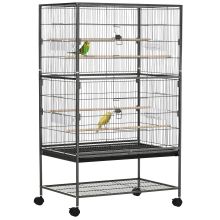 PawHut Large Bird Cage Budgie Cage for Finch Canaries Parakeet with Rolling Stand, Slide out Tray, Storage Shelf, Food Containers, Dark Grey