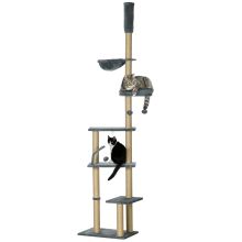 PawHut Floor to Ceiling Cat Tree for Indoor Cats, 6 Tier Play Tower Climbing Activity Center with Scratching Post, Platforms, Bed, Hammock, Adjustable Height 230 250cm, Grey