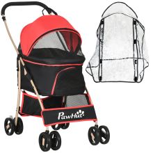 PawHut Detachable Pet Stroller with Rain Cover, 3 In 1 Cat Dog Pushchair, Foldable Carrying Bag w Universal Wheels, Brake, Canopy, Basket, Storage Bag for Small and Tiny Dogs Red