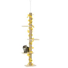 PawHut 242cm Adjustable Floor To Ceiling Cat Tree, with Artificial Decoration, Perches, Anti Slip Kit Yellow