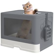 PawHut Enclosed Cat Litter Box with lid, Front Entry, Top Exit, Drawer, Tray, Scoop, Brush, 48.5 x 38 x 36.5cm Grey