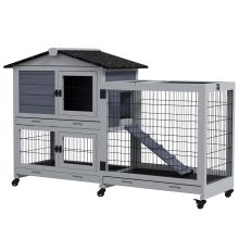 PawHut Portable Rabbit Cage, Rabbit Hutch with Run, Wheels, Three Slide Out Trays, Ramp, Openable Top for Outdoor Indoor Grey