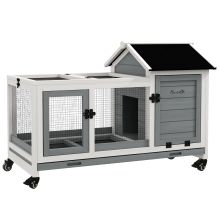 PawHut Wooden Rabbit Hutch, Guinea Pig Cage, with Removable Tray, Wheels Grey