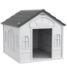 PawHut Plastic Weather Resistant Dog House, for Indoors and Outdoors, Large Dogs Grey