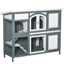 PawHut Rabbit Hutch Outdoor Guinea Pig Hutch 2 Tier Wooden Cage w Ramp, Divider, Openable Roof, 125 x 48 x 100cm Grey