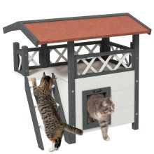 PawHut Cat House Outdoor w Balcony Stairs Roof, 77 x 50 x 73 cm, White