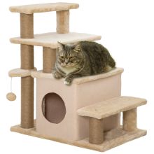 PawHut Adjustable Cat Steps, with House & Hanging Toy Ball Beige