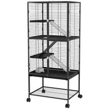 PawHut Rolling Chinchilla Cage, Small Animal Cage for Ferrets w Three Doors, Storage, Shelf, Tray Tray, Bowl, Water Bottle