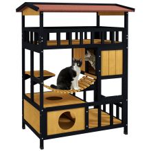 PawHut Outdoor Cat Shelter, Four Tier Wooden Feral Cat House, with Suspension Bridge, Cat Houses, Balcony, Escape Doors