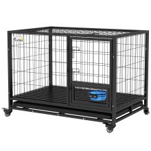 PawHut Heavy Duty Dog Crate on Wheels w Bowl Holder, Removable Tray, Openable Top, Detachable Door, for L, XL Dogs