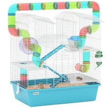 PawHut 4 Tier Hamster Cage w Tubes, Exercise Wheel, Hut, Water Bottle, Food Dish, Ramps, for Drawf, 58 x 36 x 65cm, Light Blue