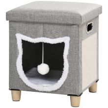 PawHut 2 in 1 Cat Bed Ottoman, Comfortable Cat Sleeping Cave House w Removable Cushion, Scratching Pad, Handles, Anti Slip Foot Pad, Toy Ball, Entrance Grey