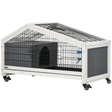 PawHut Rabbit Hutch, Wheeled Rabbit Cage w Water Bottle, Plastic Slide Out Tray Grey