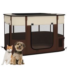 PawHut Foldable Dog Pen with Storage Bag for Indoor Outdoor Use, Portable Pet playpen, with Ground Stakes Brown