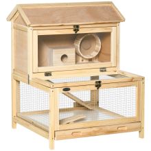 PawHut Wooden Hamster Cage with Pull Out Tray, Two Tier Small Animal Hutch with Openable Top, Ladder, Seesaw, Running Wheel, Natural