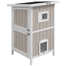 PawHut Outdoor 2 Tiers Wooden Cat Shelter w Removable Bottom, Escape Doors, Asphalt Roof, for 1 2 Cats Light Grey