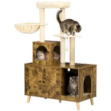 PawHut Cat Litter Box Enclosure, with Tree Tower, Cat House, Hammock, Cushion Rustic Brown