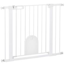 PawHut Dog Gate with Cat Flap Pet Safety Gate Barrier, Stair Pressure Fit, Auto Close, Double Locking, for Doorways, Hallways, 75 103 cm White