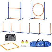 PawHut Eight Piece Dog Agility Equipment Set with Weave Poles, Jump Ring, Hurdle, Pause Box, Training Shorts, Bag, Orange