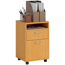 HOMCOM 60cm Filing Cabinet with Drawer, Open Shelf, Metal Handles and 4 Wheels, Office Home Organiser Mobile Printer, Natural Wood Finish