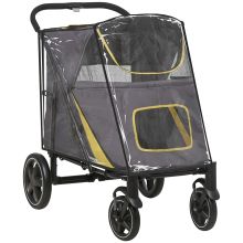 PawHut One Click Foldable Pet Travel Stroller with Rain Cover, Cat Dog Pushchair with Universal Front Wheels, Shock Absorber, Storage Bags, Mesh Window, Safety Leash for Large and Medium Dogs Grey