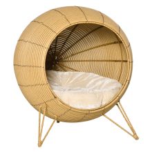 PawHut Wicker Cat Bed, Elevated Rattan Kitten Basket, Pet Den House, Cosy Cave, with Soft Cushion, ?52 x 58 cm, Light Brown