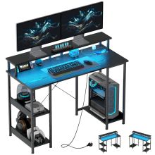 HOMCOM Computer Desk with Power Outlets and LED Lights, 120 x 50cm Reversible Home Office Desk with Monitor Stand and 2 Tier Storage Shelves, Gaming Desk with Cable Management, Black