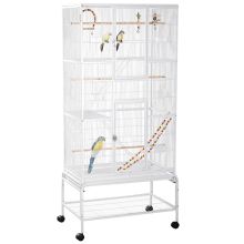 PawHut Large Bird Cage Budgie Cage 3 Tier Aviary with Stand Wheels, Toys, Ladders, Shelf for Canaries, Finches, Cockatiels, Parakeets White