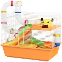 PawHut 3 Tiers Gerbil Cage, Hamster Cage with Tubes, Exercise Wheel, Ladder, Top Handle, 45 x 28 x 37cm Orange