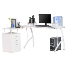 HOMCOM L Shaped Computer Desk Table with Storage Drawer Home Office Corner Industrial Style Workstation for A4 Files 152 x 143.5 x 76cm, White