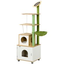 PawHut Cat Tree with Cat Litter Box for Indoor Cats, with Scratching Post, Cat House, Hammock Oak Tone