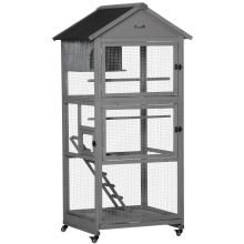 PawHut Bird Cage budgie cage Wooden Outdoor Aviary with Wheels for Canary Finch with Asphalt Roof Perch Nest Ladder Slide out Tray, Grey