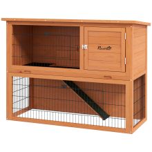 PawHut Two Tier Antiseptic Wood Rabbit Hutch, 92cm Guinea Pig Hutch with Run Orange