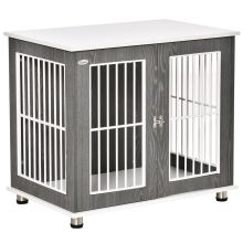 PawHut Dog Crate Wooden Pet Kennel Cage End Table w Lockable Door for Small Medium Dog Grey & White 85 x 55 x 75 cm