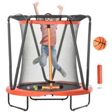 ZONEKIZ 4.6FT Kids Trampoline with Enclosure, Basketball, Sea Balls, Hoop, for Ages 3 10 Years Red