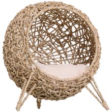 PawHut Wicker Cat Bed, Ball Shaped Rattan Elevated Cat Basket with Three Tripod Legs, Cushion Natural Wood Finish