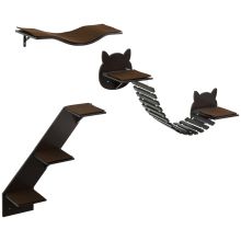 PawHut Three Piece Wall Mounted Cat Shelves w Jumping Platforms, Ladders Brown