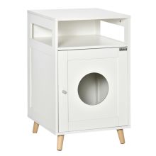 PawHut Cat Litter Box Enclosure Washroom Cave House Decorative End Table Wooden Cabinet Indoor with Magnetic Door Multiple Storage Space White