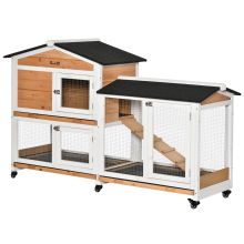 PawHut Rabbit Hutch Outdoor with Run Guinea Pig Hutch 2 Tier Bunny Cage w Wheels No Leak Plastic Tray 157.4 x 53 x 99.5 cm Yellow