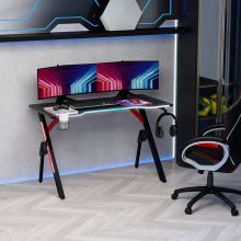 HOMCOM 1.2m Gaming Desk w RGB Light Steel Frame | Racing Style Computer Table w Cup Holder Headphone Cable Management | Study Workstation Home Bedroom Black