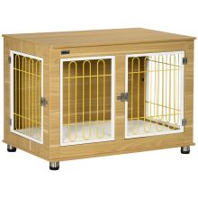 PawHut Dog Crate Furniture, Dog Cage End Table. with Soft Cushion, Double Door Oak Tone