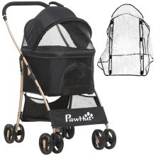 PawHut Detachable Pet Stroller with Rain Cover, 3 In 1 Cat Dog Pushchair, Foldable Carrying Bag w Universal Wheels, Brake, Canopy, Basket, Storage Bag for Small and Tiny Dogs Black