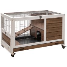 PawHut Wooden Guinea Pig Hutch, 2 Floor Bunny Cage w Enclosed Run Area, Brown