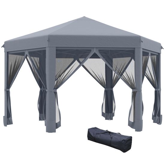 Outsunny 3.2m Canopy Rentals Pop Up Gazebo Hexagonal Canopy Tent Outdoor Sun Protection w Mesh Sidewalls Handy Bag Grey