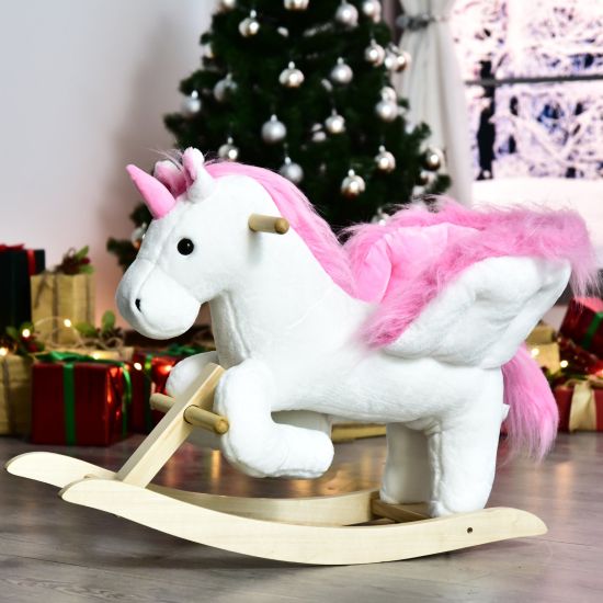 HOMCOM Unicorn Rocking Horse Kids Wooden Ride On Plush Toy w Music