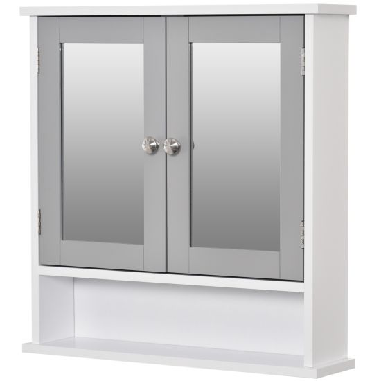 kleankin Bathroom Mirror Cabinet, Wall Mounted Storage Cupboard with Double  Doors and Adjustable Shelf Grey